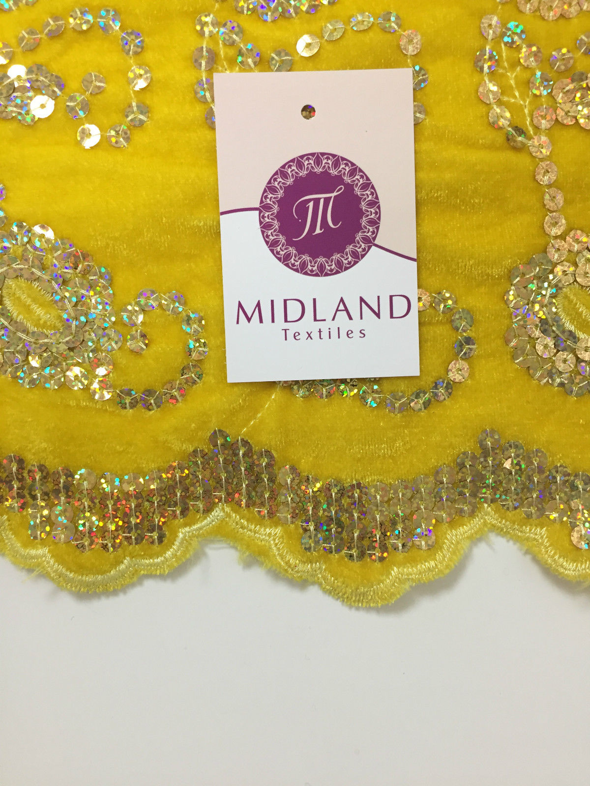 Gold Sequin Embellished Scalloped edge Micro Velvet 40' Wide  M47 Mtex