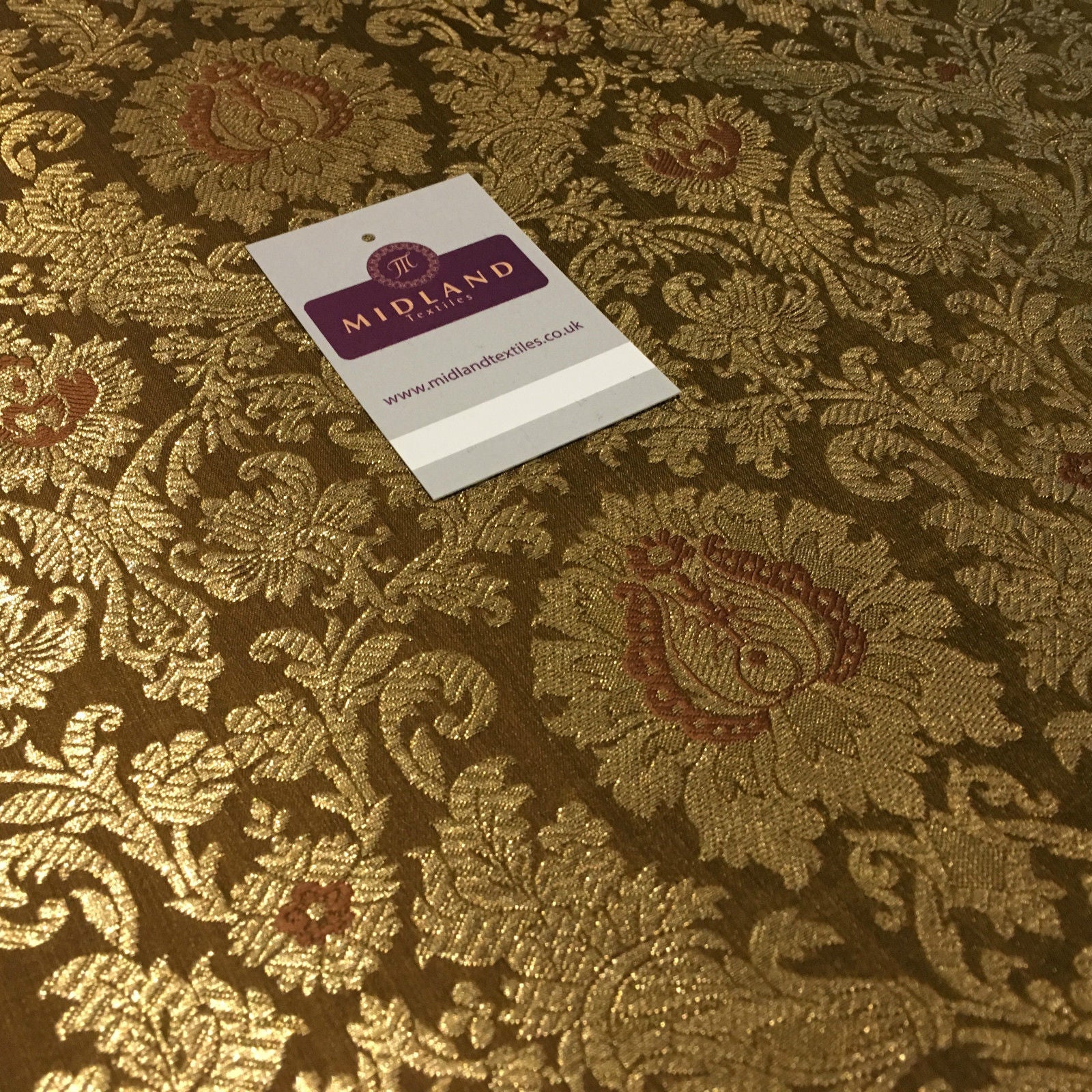 Gold Indian Floral Metallic Print Banarsi faux Silk Brocade Fabric 40' M370 Mtex