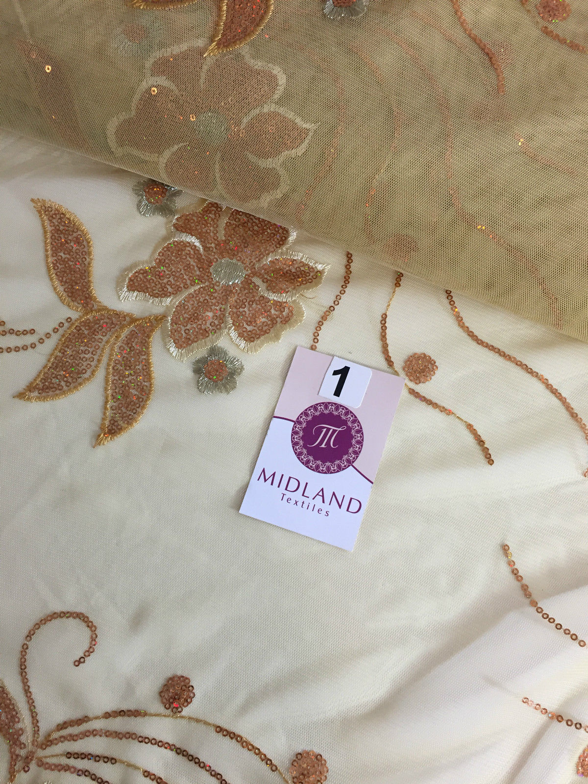Double border Sequined flower Scalloped Net dress Fabric 52' Wide M194 Mtex - Midland Textiles & Fabric