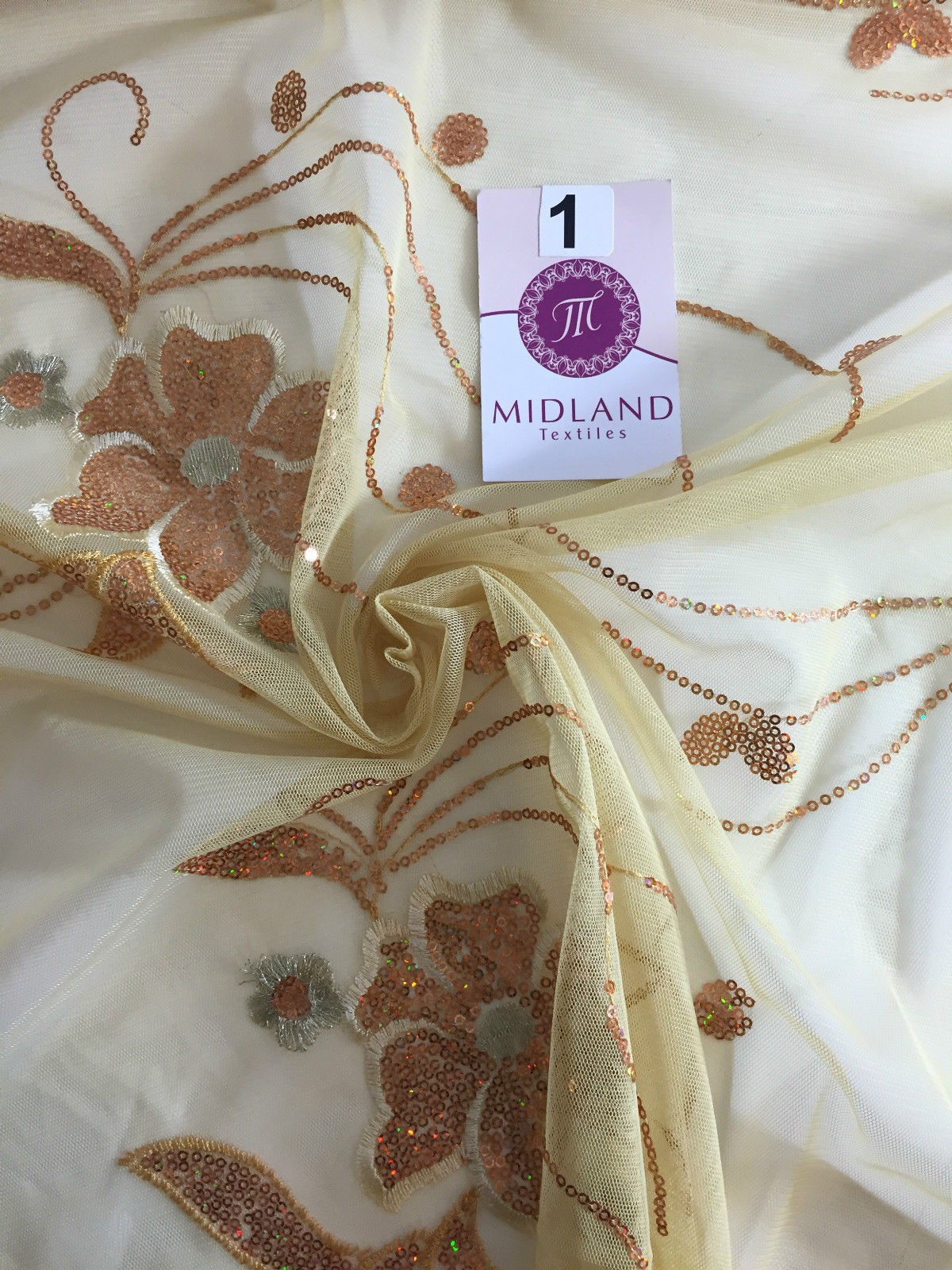 Double border Sequined flower Scalloped Net dress Fabric 52' Wide M194 Mtex - Midland Textiles & Fabric