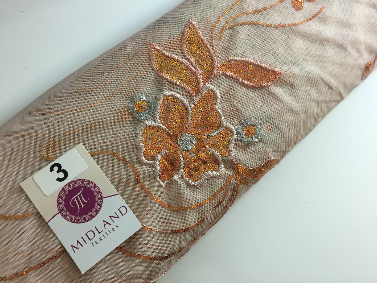 Double border Sequined flower Scalloped Net dress Fabric 52' Wide M194 Mtex - Midland Textiles & Fabric