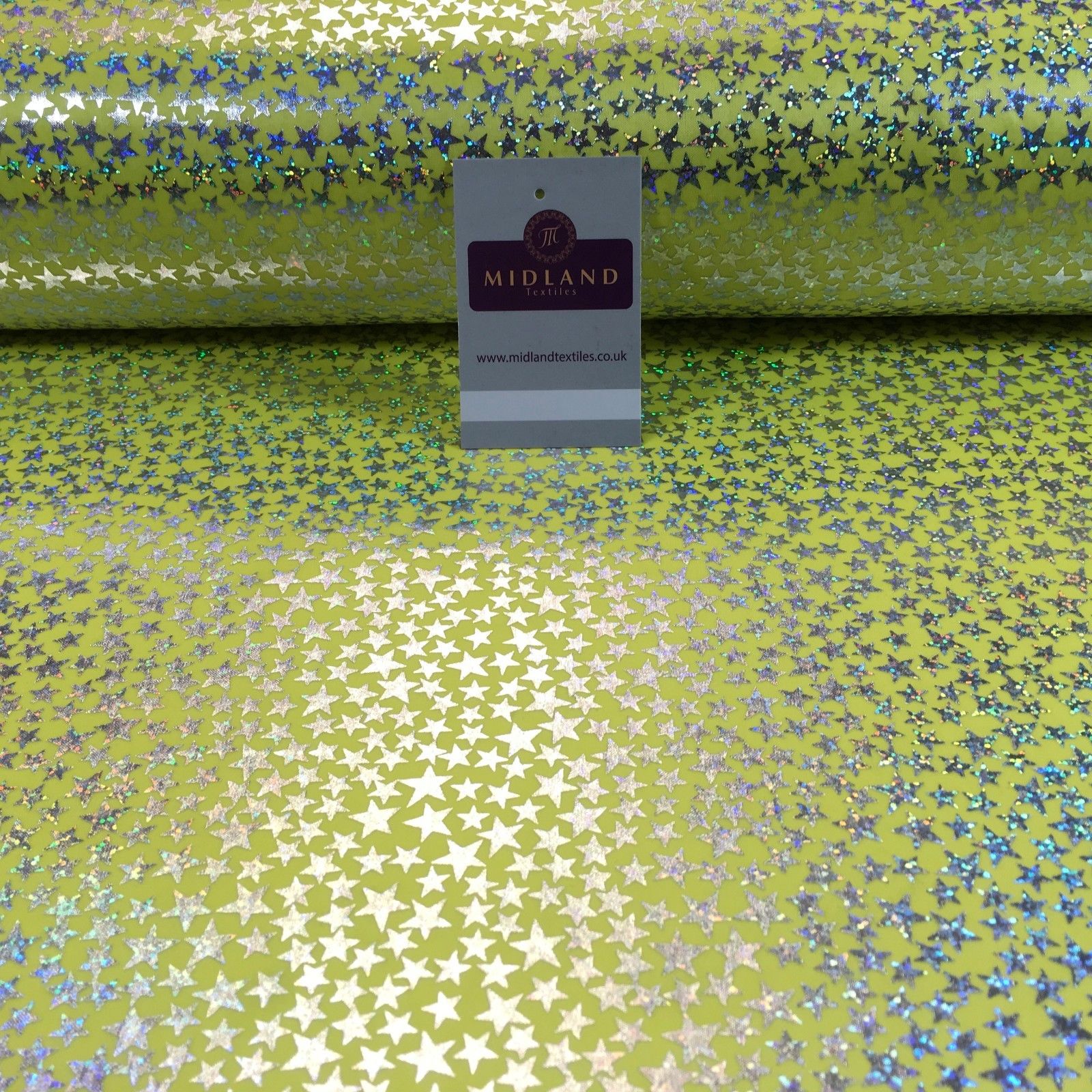 Yellow with silver stars hologram printed computer foil fabric 45' M7-10 Mtex