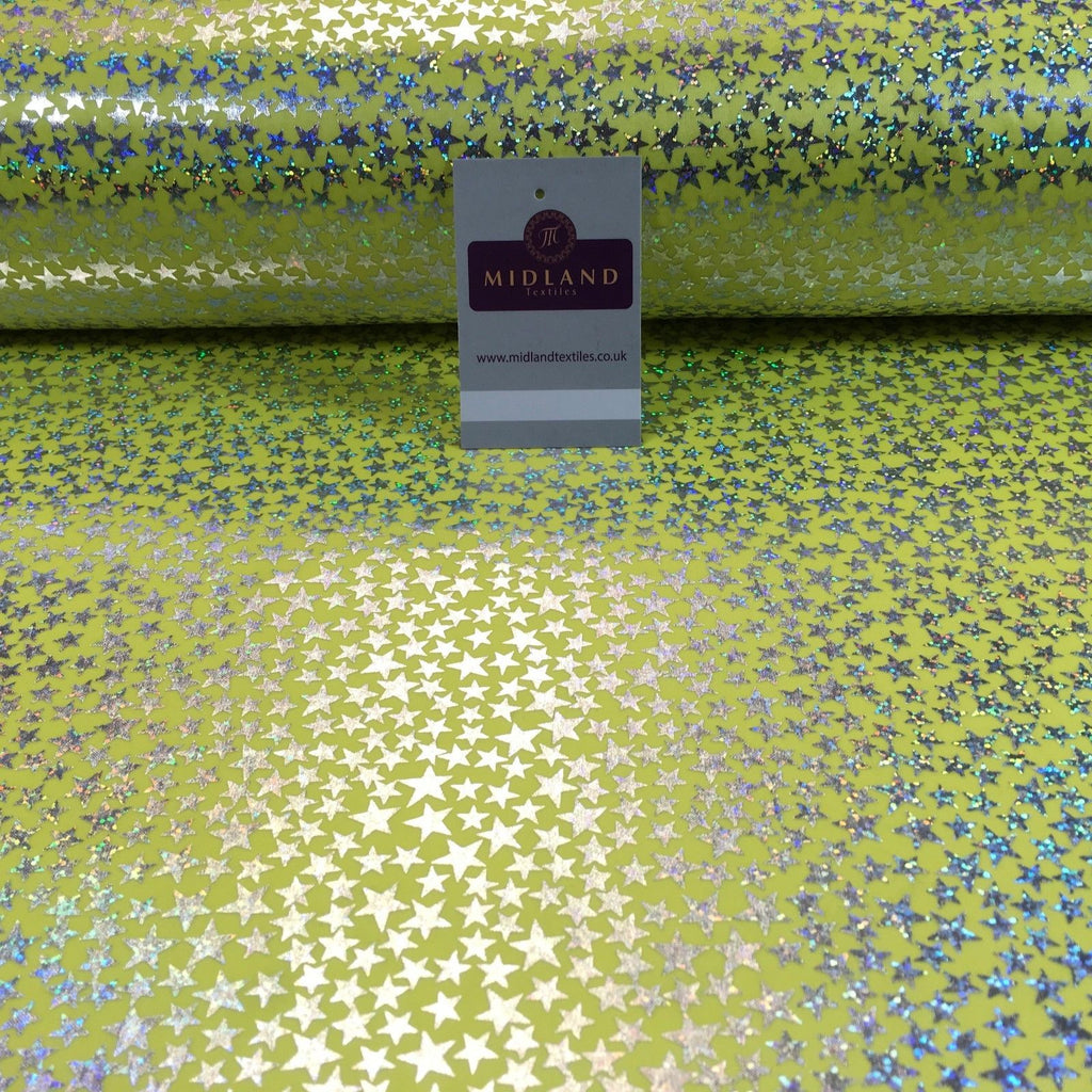 Yellow with silver stars hologram printed computer foil fabric 45