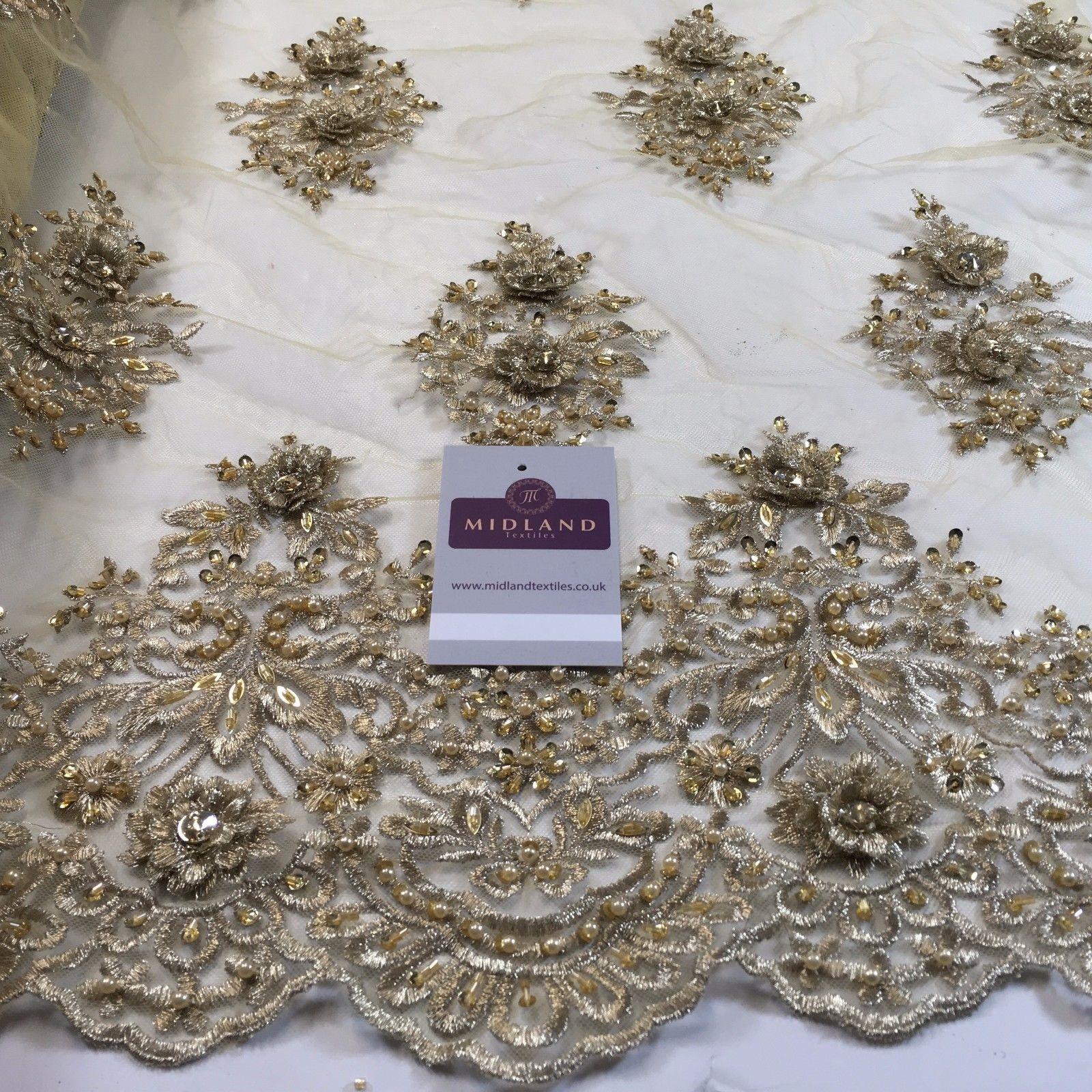 Floral Embellished Scalloped Edged Dress Net with faux pearls Fabric 58' M792 - Midland Textiles & Fabric