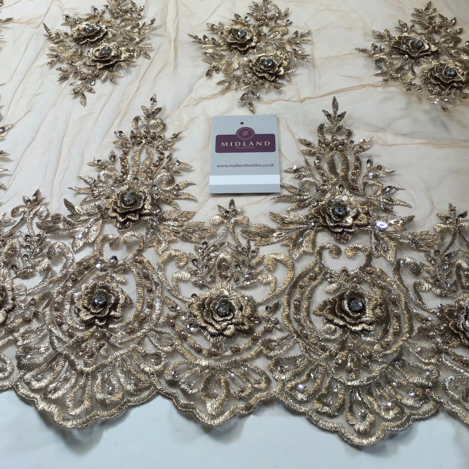 Embroidered Floral scalloped edged net with faux pearls & clear stones 58' M791 - Midland Textiles & Fabric