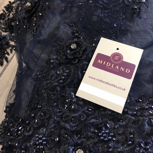 Embroidered Floral scalloped edged net with faux pearls & clear stones 58" M791 - Midland Textiles & Fabric