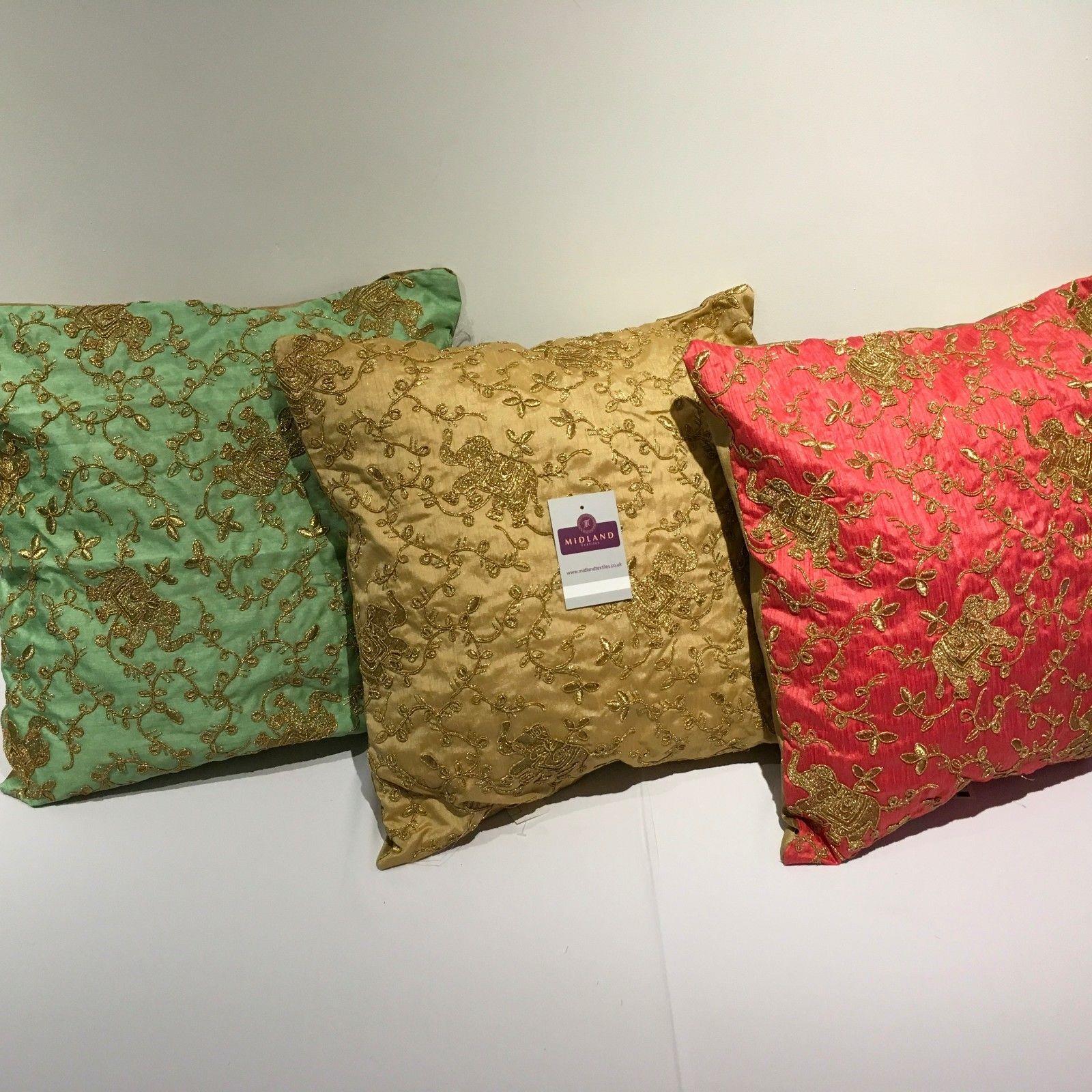 Golden thread Embroidered Elephant Faux Raw Silk Dupion Cushion Cover 18' x 18'