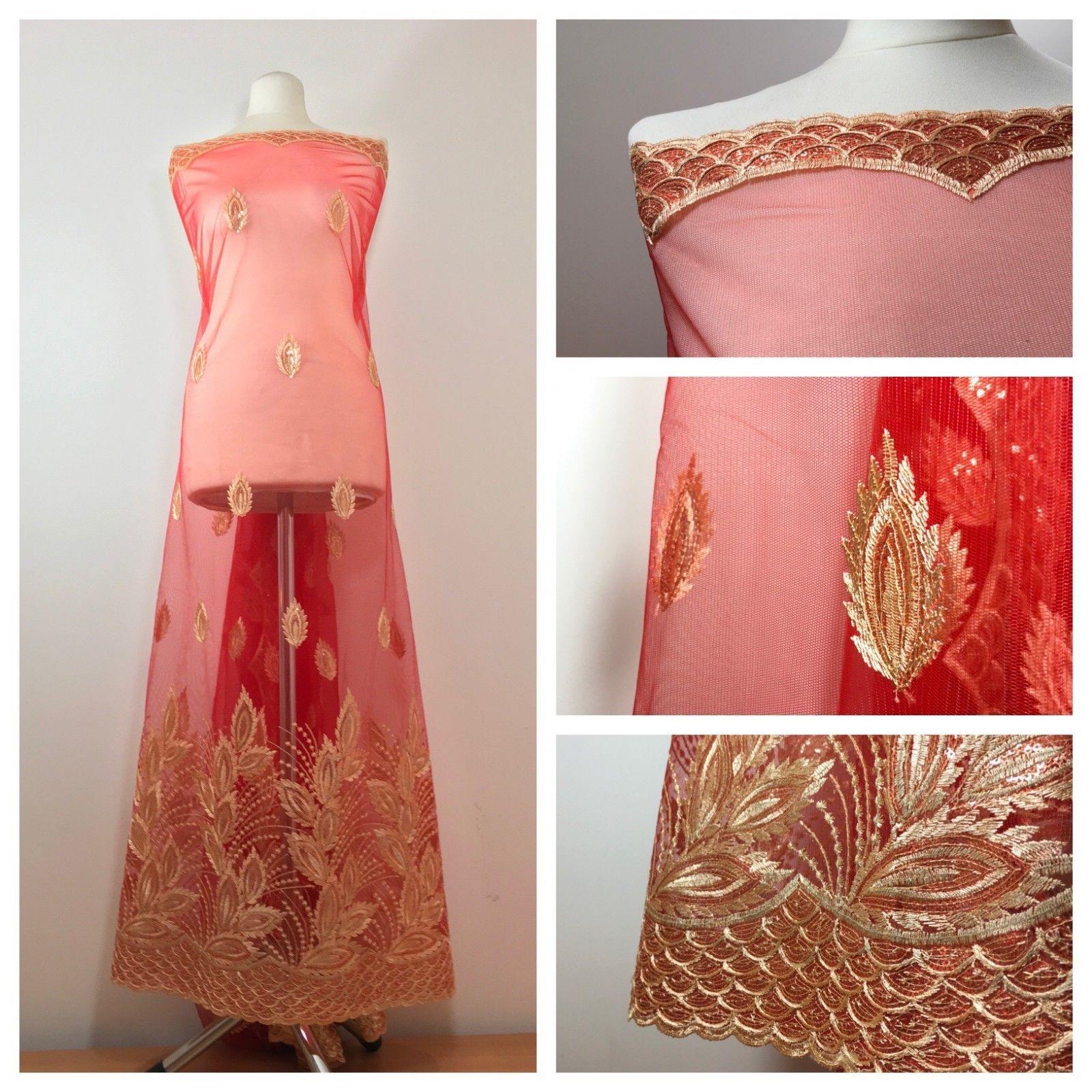 Gold Floral Embroidered Scalloped edge Dress Net Fabric 55' Wide M801 Mtex