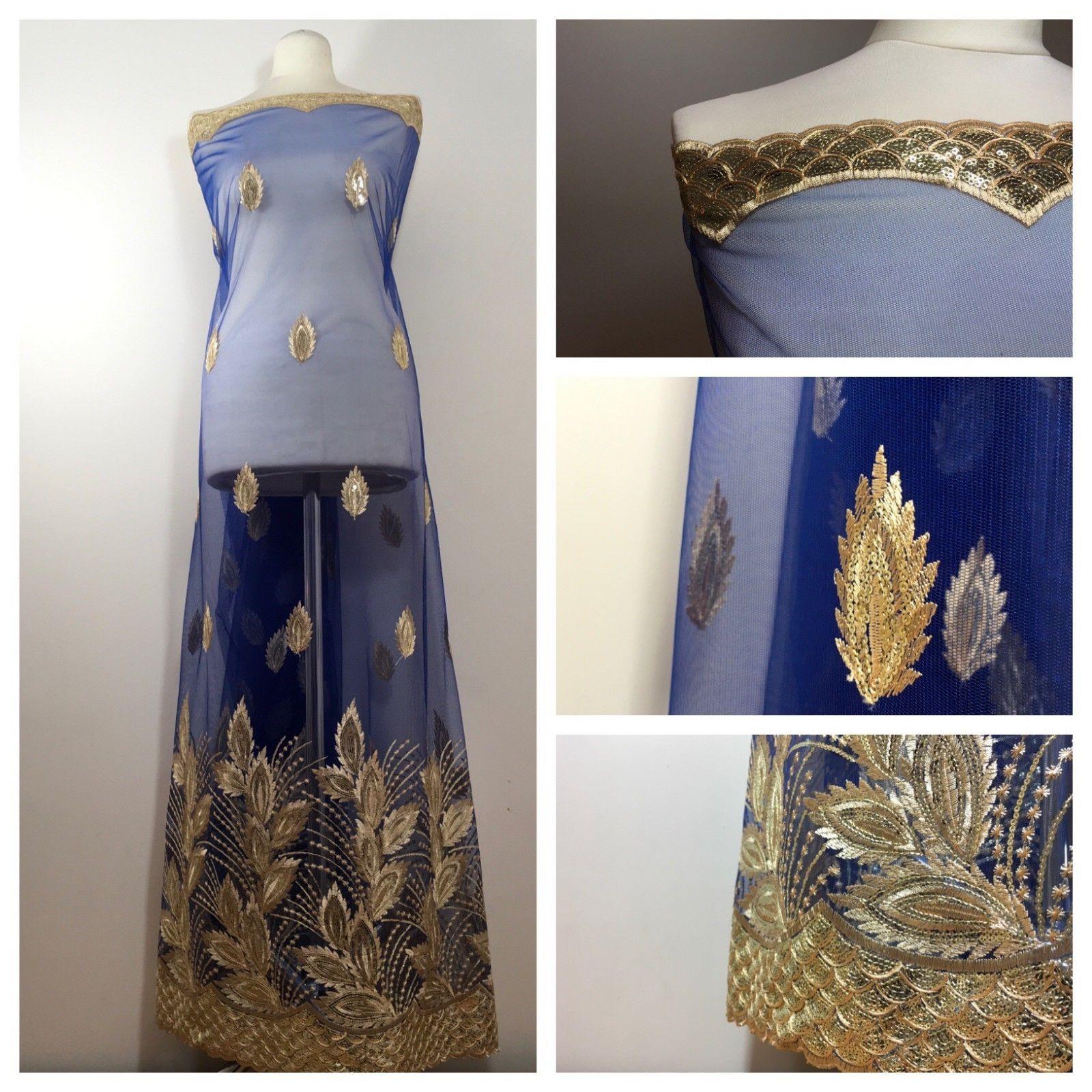 Gold Floral Embroidered Scalloped edge Dress Net Fabric 55' Wide M801 Mtex