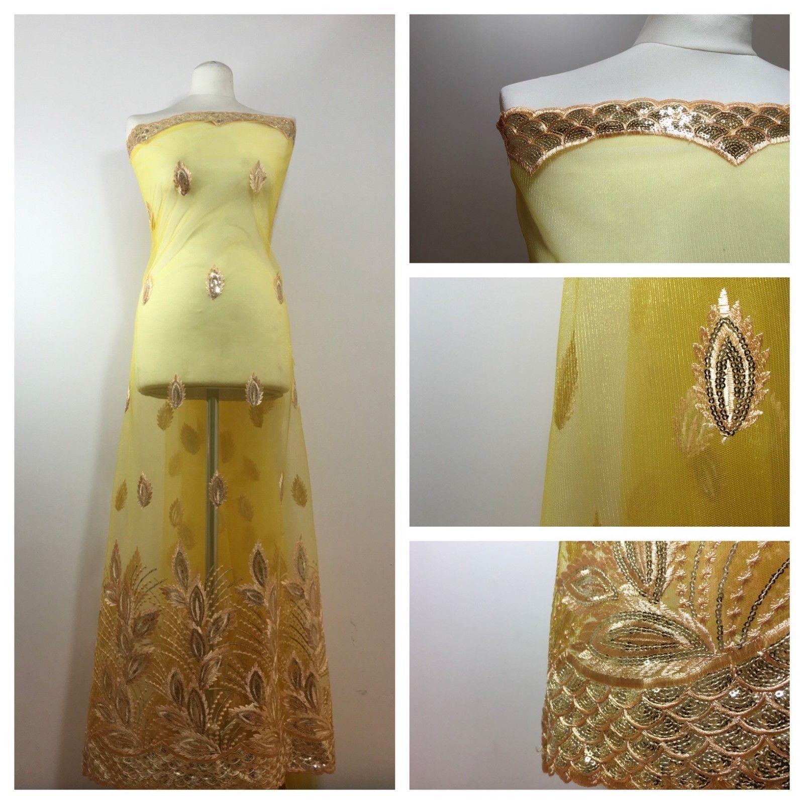 Gold Floral Embroidered Scalloped edge Dress Net Fabric 55' Wide M801 Mtex