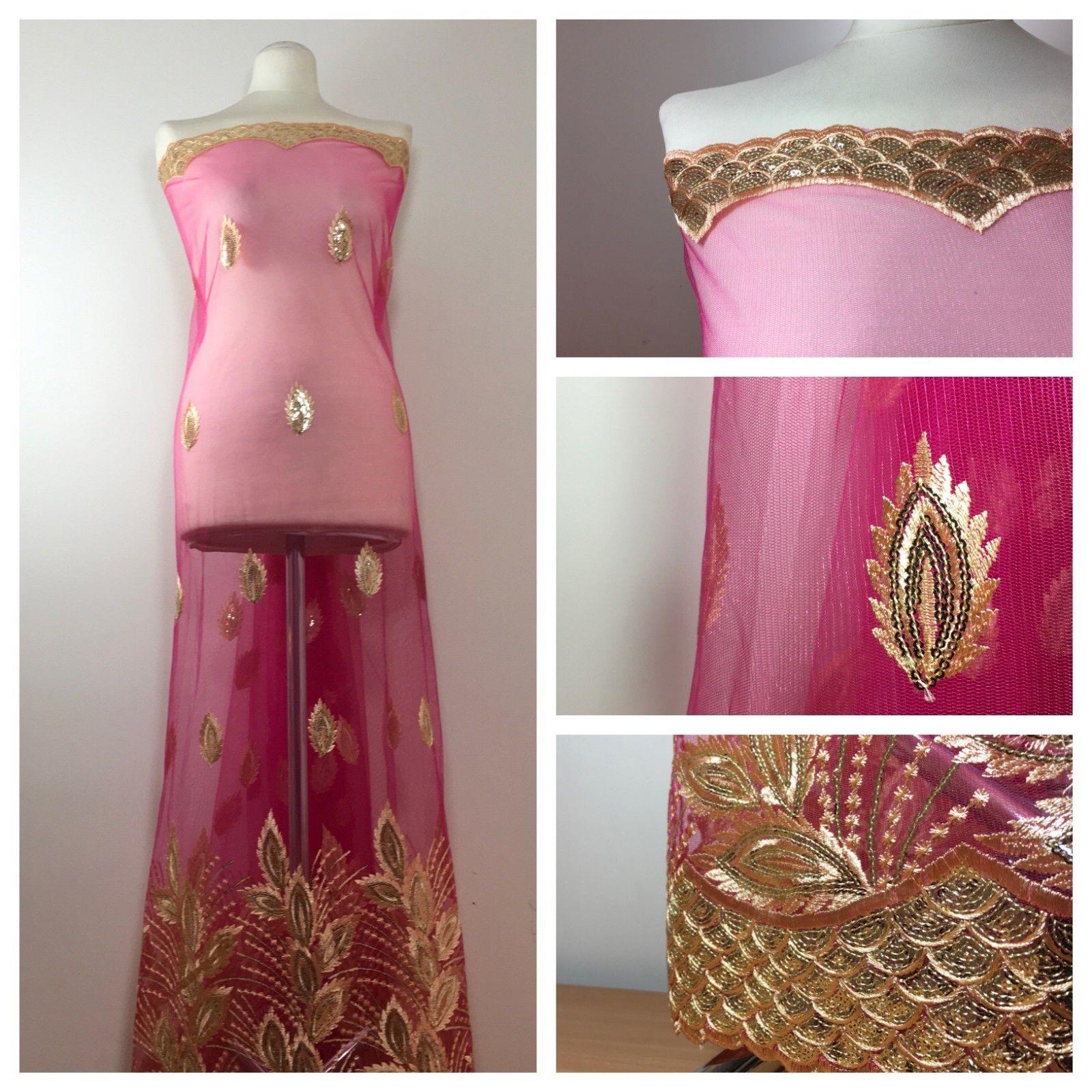 Gold Floral Embroidered Scalloped edge Dress Net Fabric 55' Wide M801 Mtex