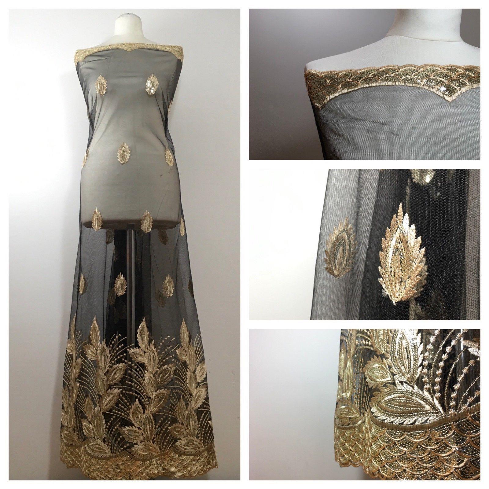 Gold Floral Embroidered Scalloped edge Dress Net Fabric 55' Wide M801 Mtex