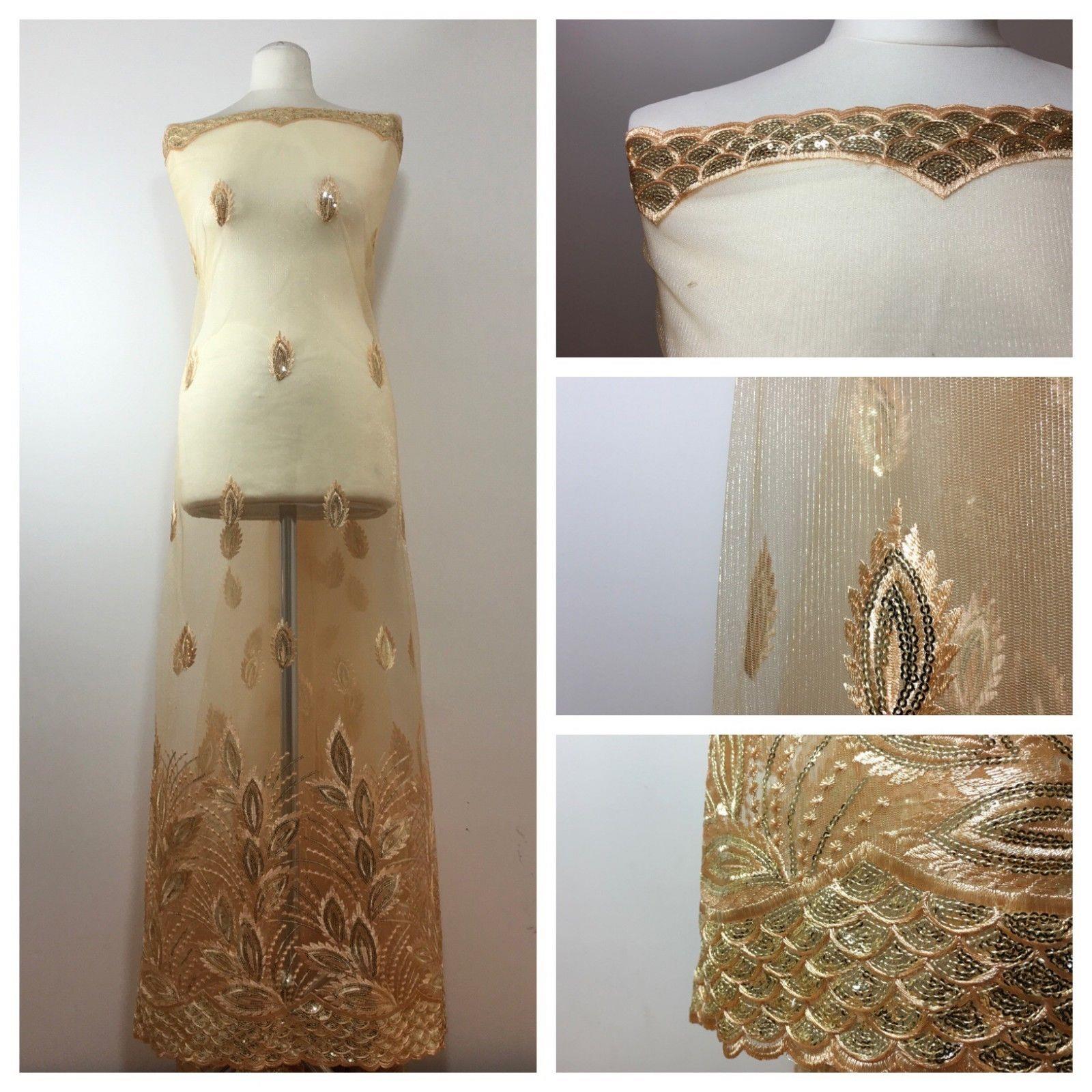 Gold Floral Embroidered Scalloped edge Dress Net Fabric 55' Wide M801 Mtex