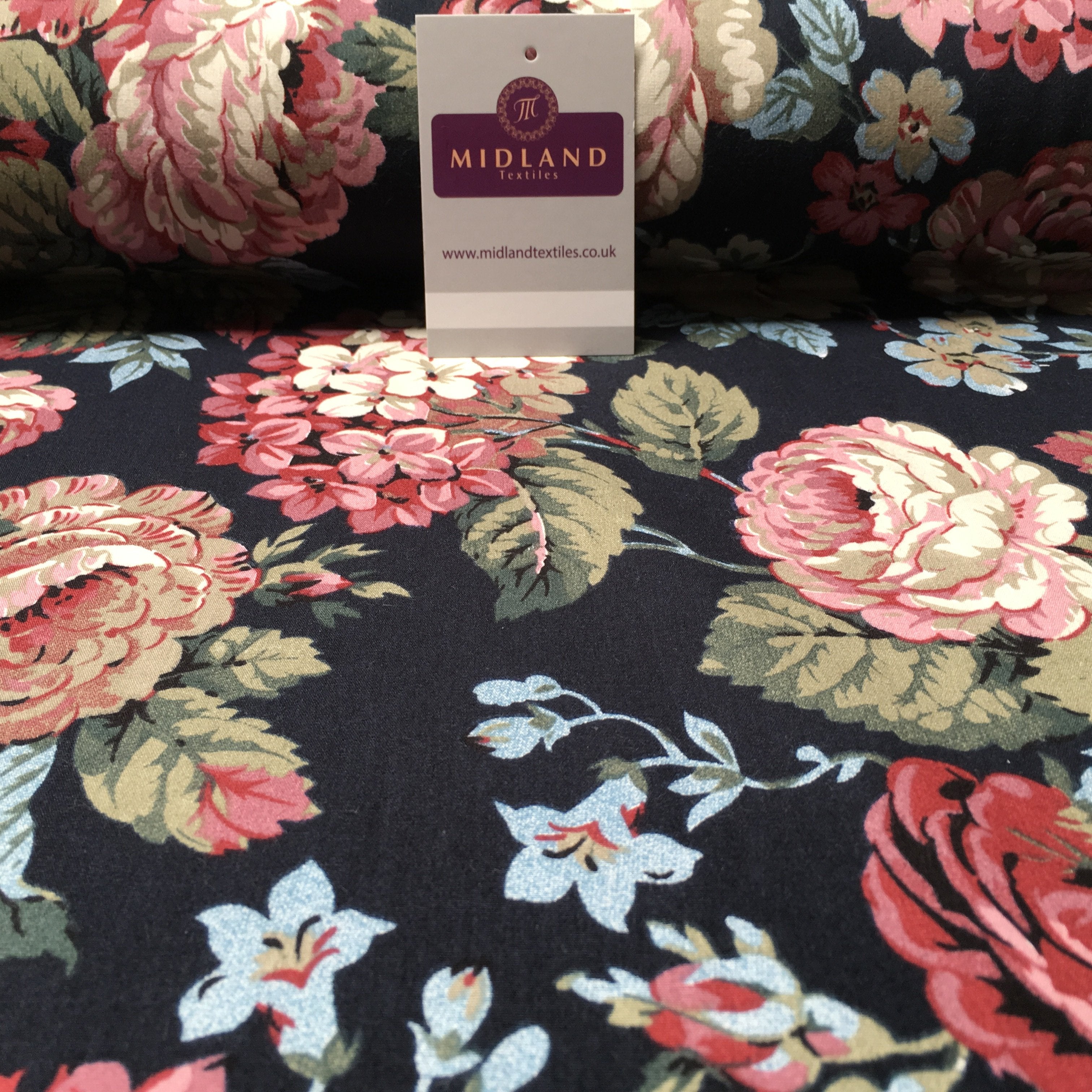 Large Vintage Shabby Chic Floral printed 100% Cotton fabric 58' Wide MA913 Mtex Navy Blue 1 / Sample