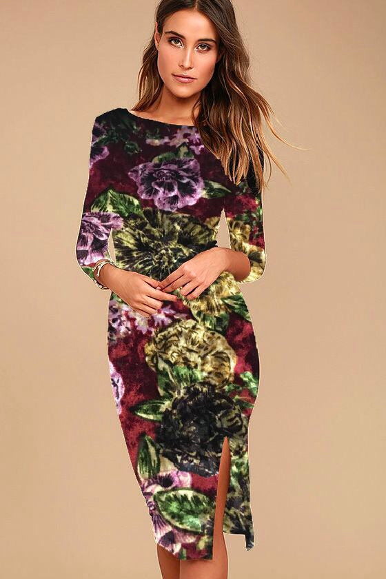 Vintage Floral Velvet Velour Stretch Printed dress fabric 55