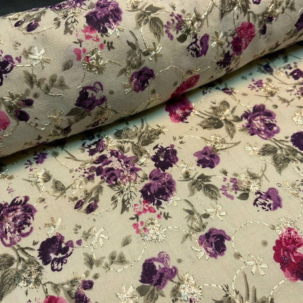 Beige Floral Broderie Anglaise Polycotton dress fabric 100cm M1568