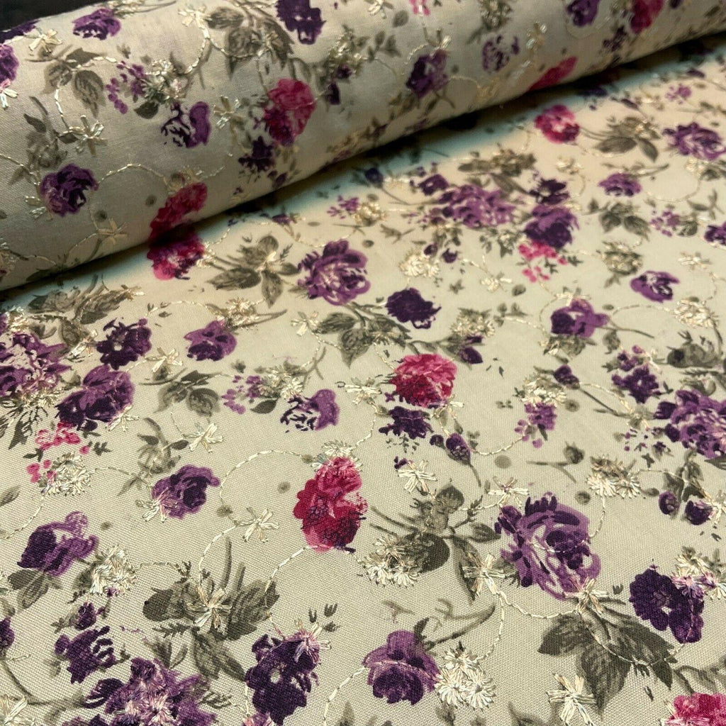 Beige Floral Broderie Anglaise Polycotton dress fabric 100cm M1568