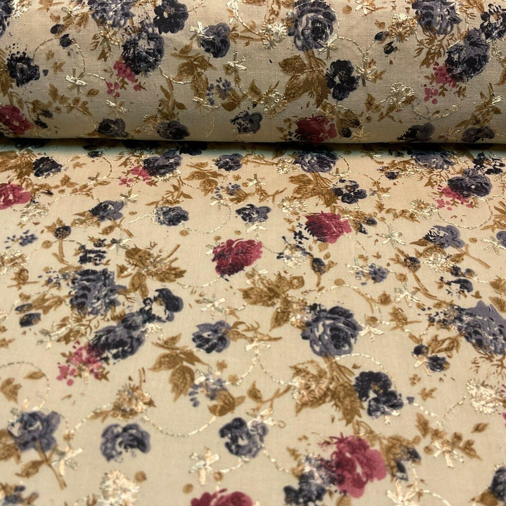 Beige Floral Broderie Anglaise Polycotton dress fabric 100cm M1568