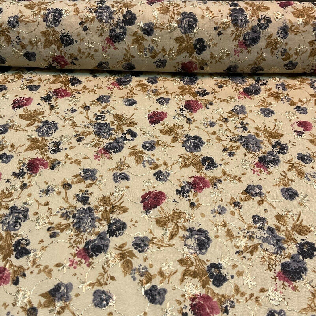 Beige Floral Broderie Anglaise Polycotton dress fabric 100cm M1568