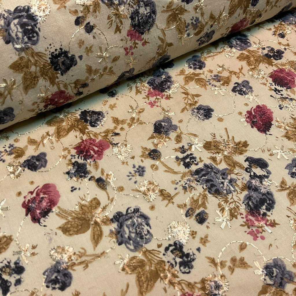 Beige Floral Broderie Anglaise Polycotton dress fabric 100cm M1568