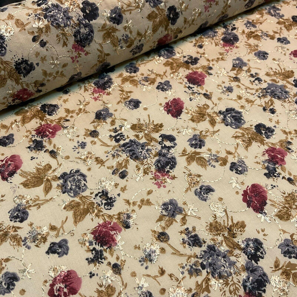 Beige Floral Broderie Anglaise Polycotton dress fabric 100cm M1568