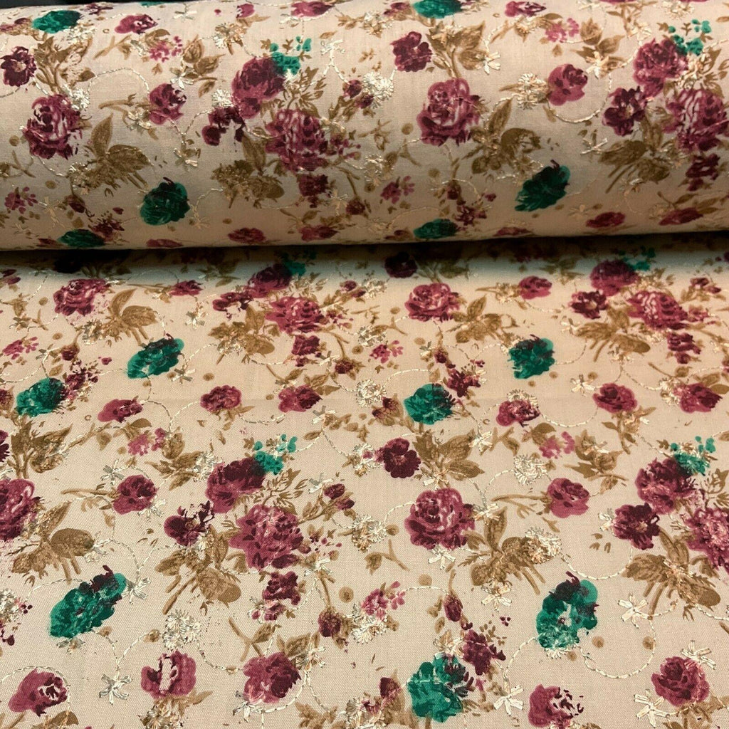 Beige Floral Broderie Anglaise Polycotton dress fabric 100cm M1568