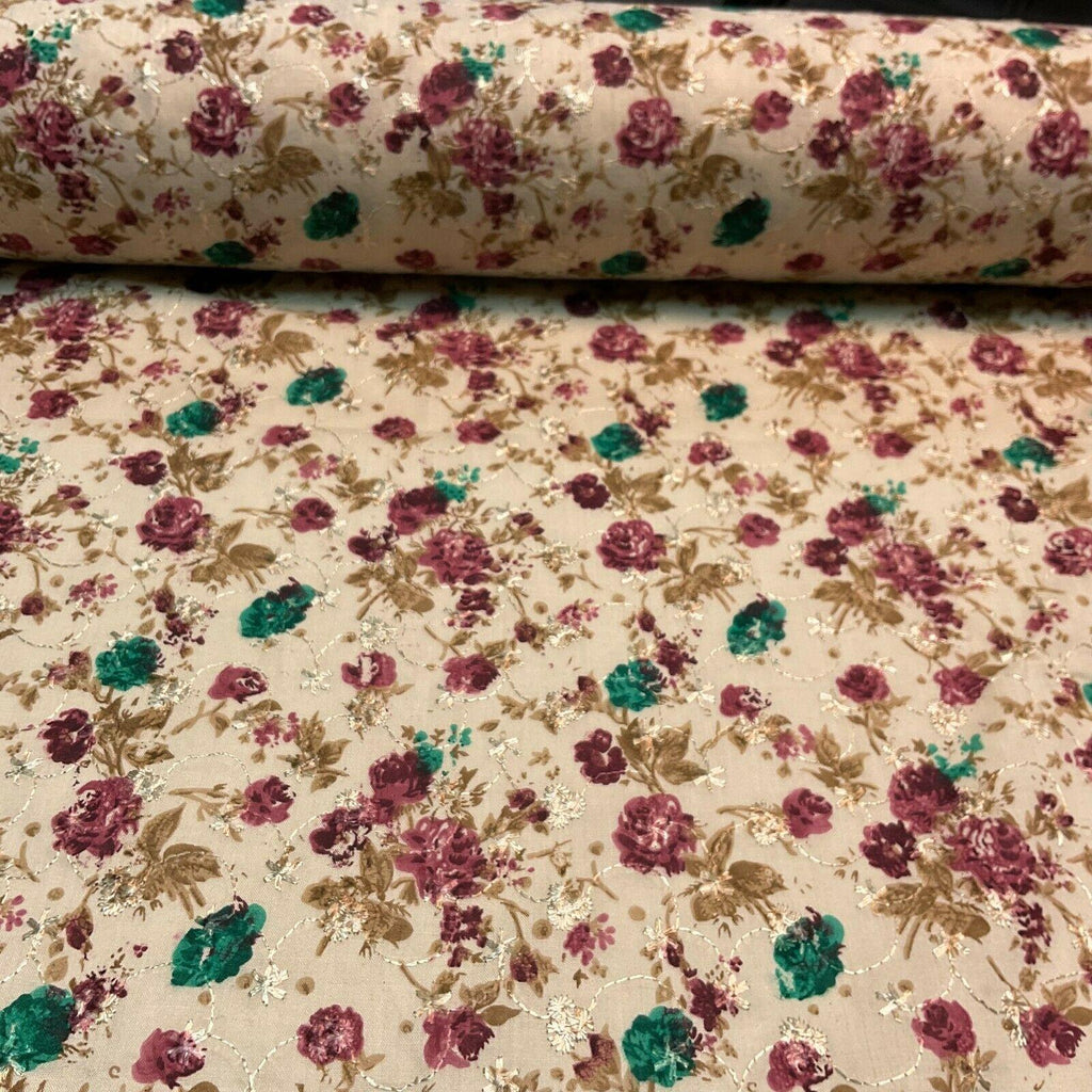 Beige Floral Broderie Anglaise Polycotton dress fabric 100cm M1568