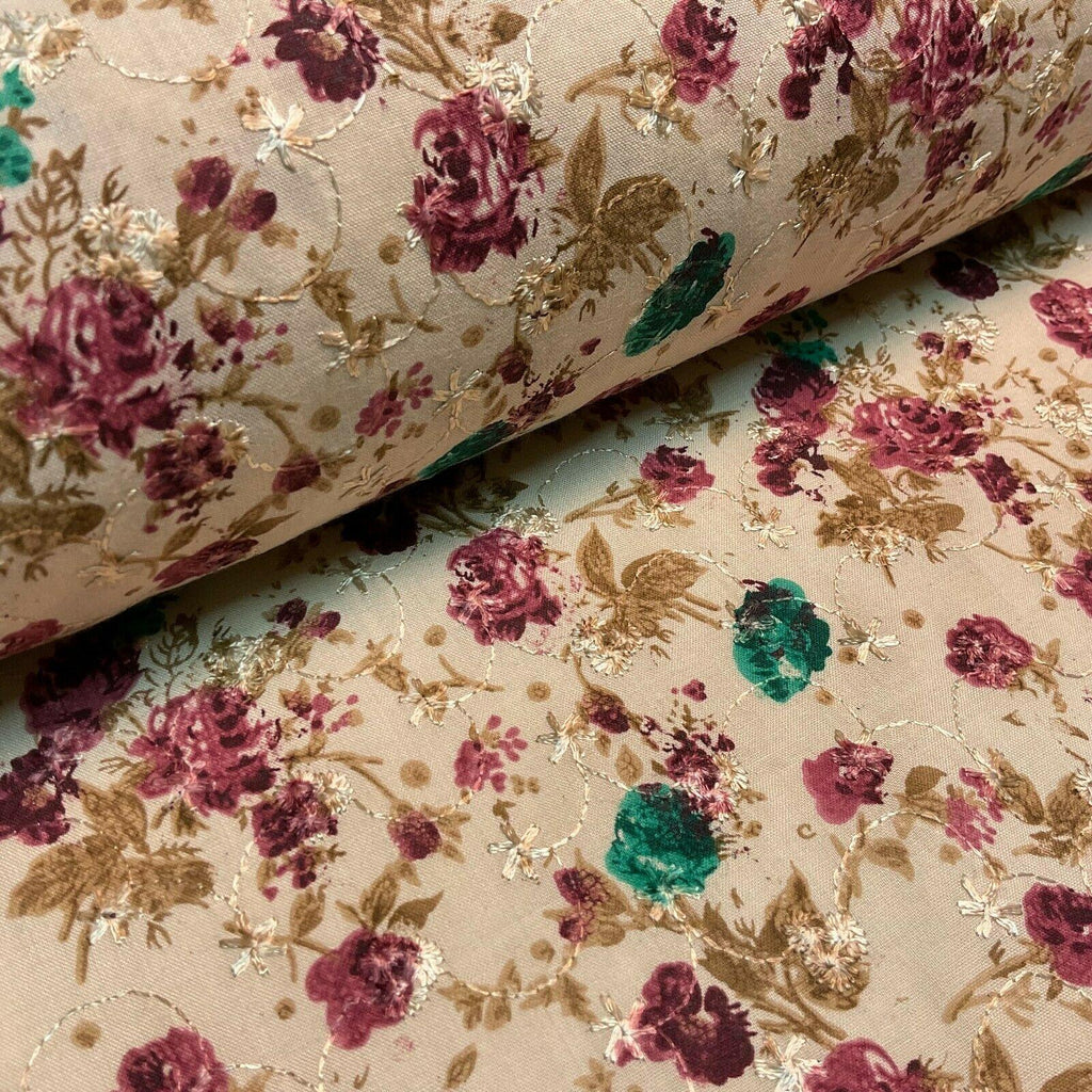 Beige Floral Broderie Anglaise Polycotton dress fabric 100cm M1568