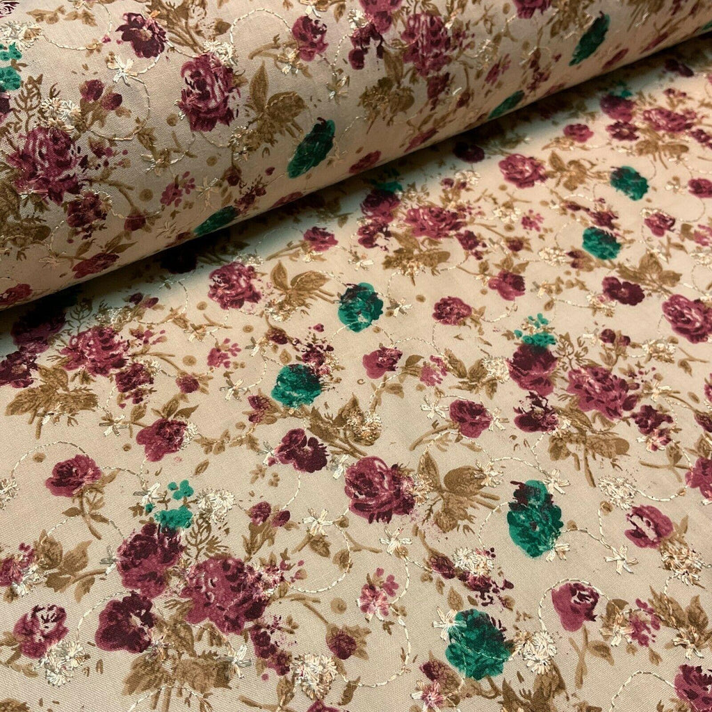 Beige Floral Broderie Anglaise Polycotton dress fabric 100cm M1568