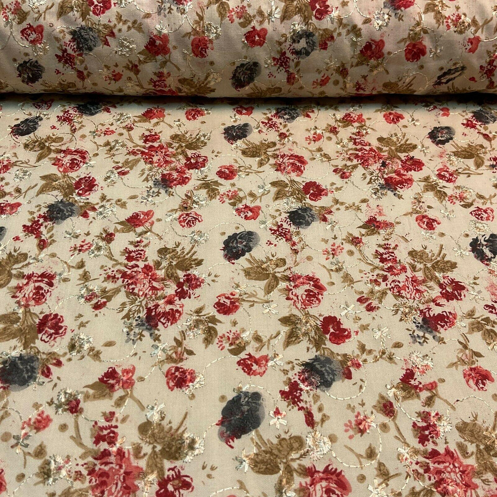 Beige Floral Broderie Anglaise Polycotton dress fabric 100cm M1568