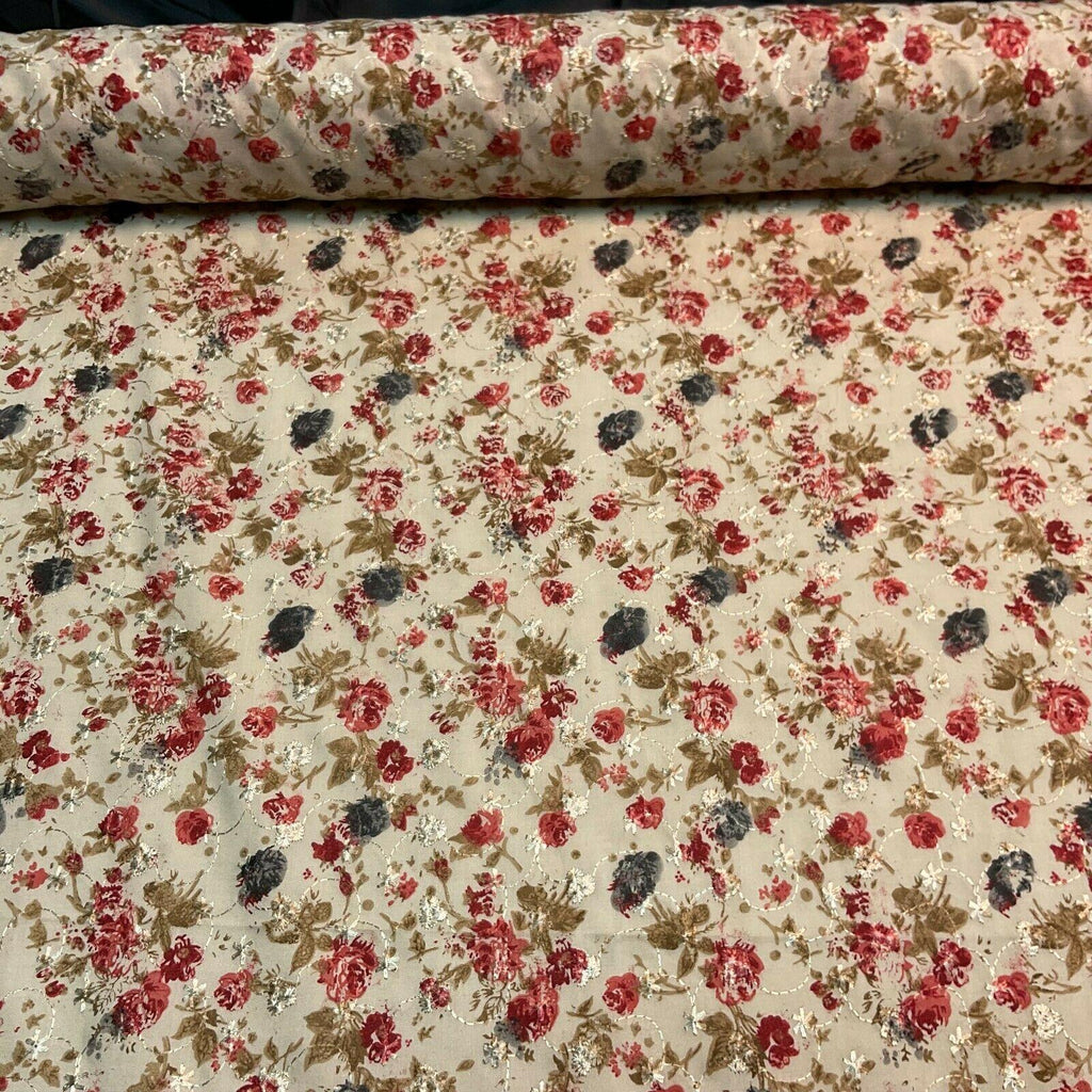 Beige Floral Broderie Anglaise Polycotton dress fabric 100cm M1568