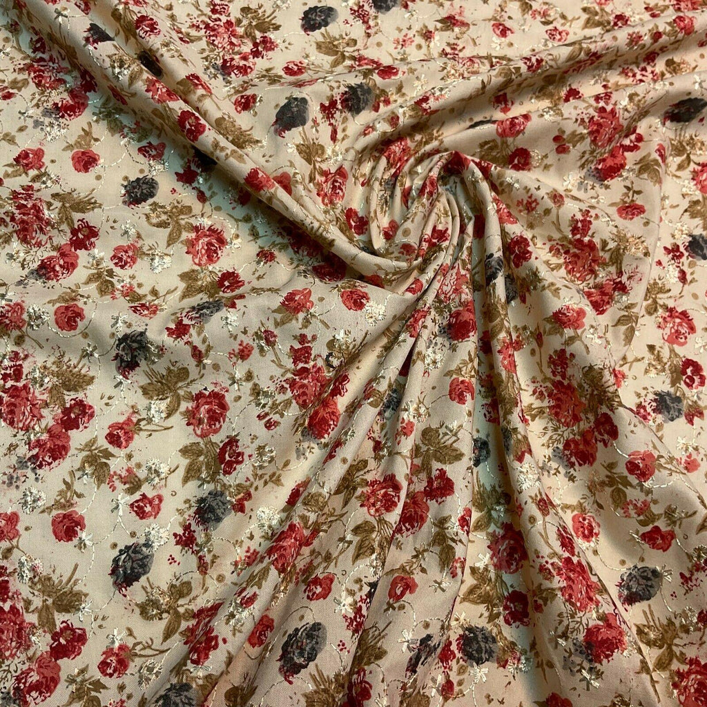 Beige Floral Broderie Anglaise Polycotton dress fabric 100cm M1568