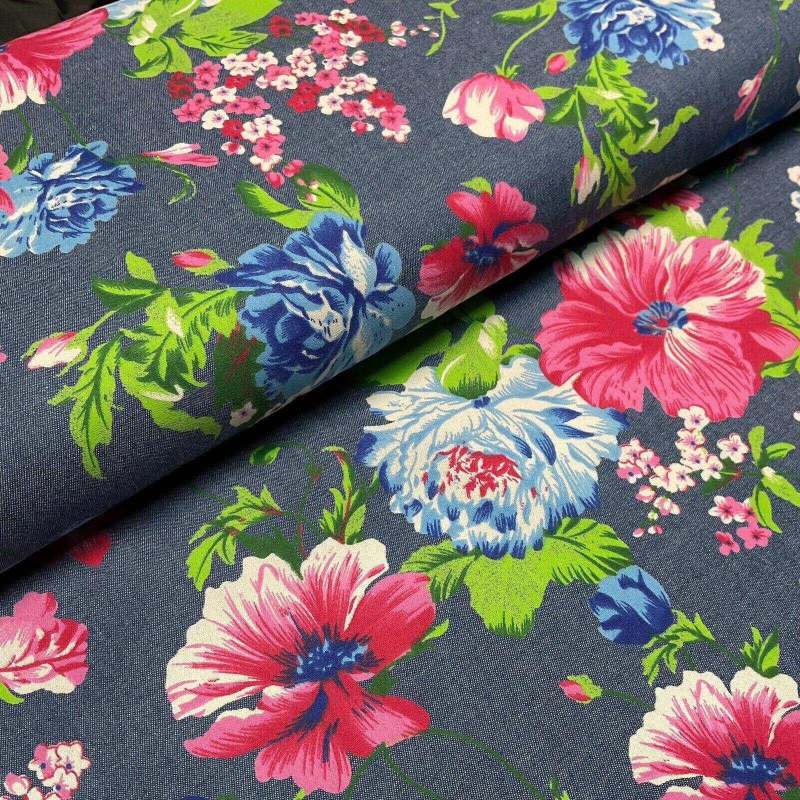 Floral Printed 100% Cotton Chambray Denim Mixed Designs Dress Fabric 147cm M1604