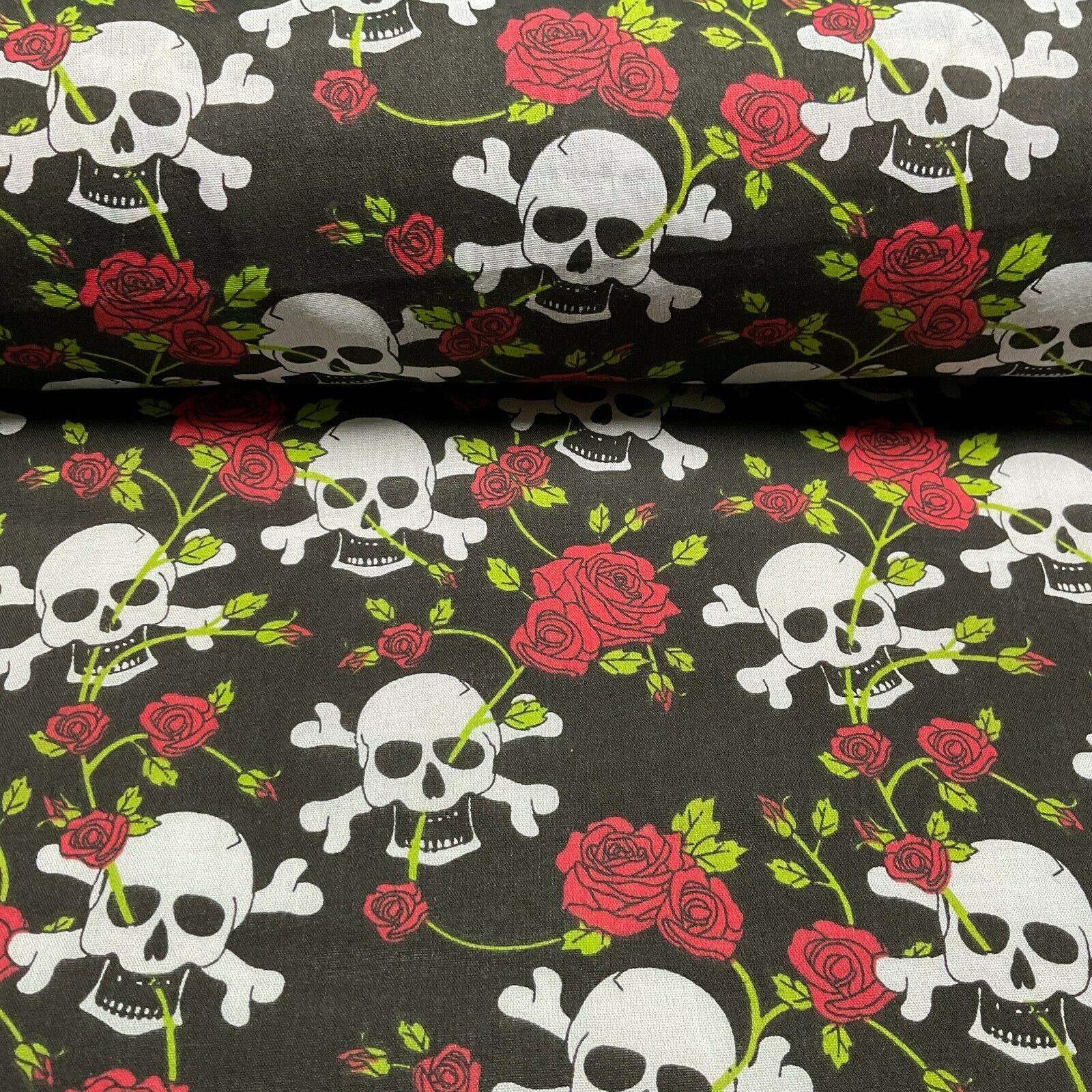 Halloween Skulls and bone roses Printed Polycotton fabric 114cm M1554