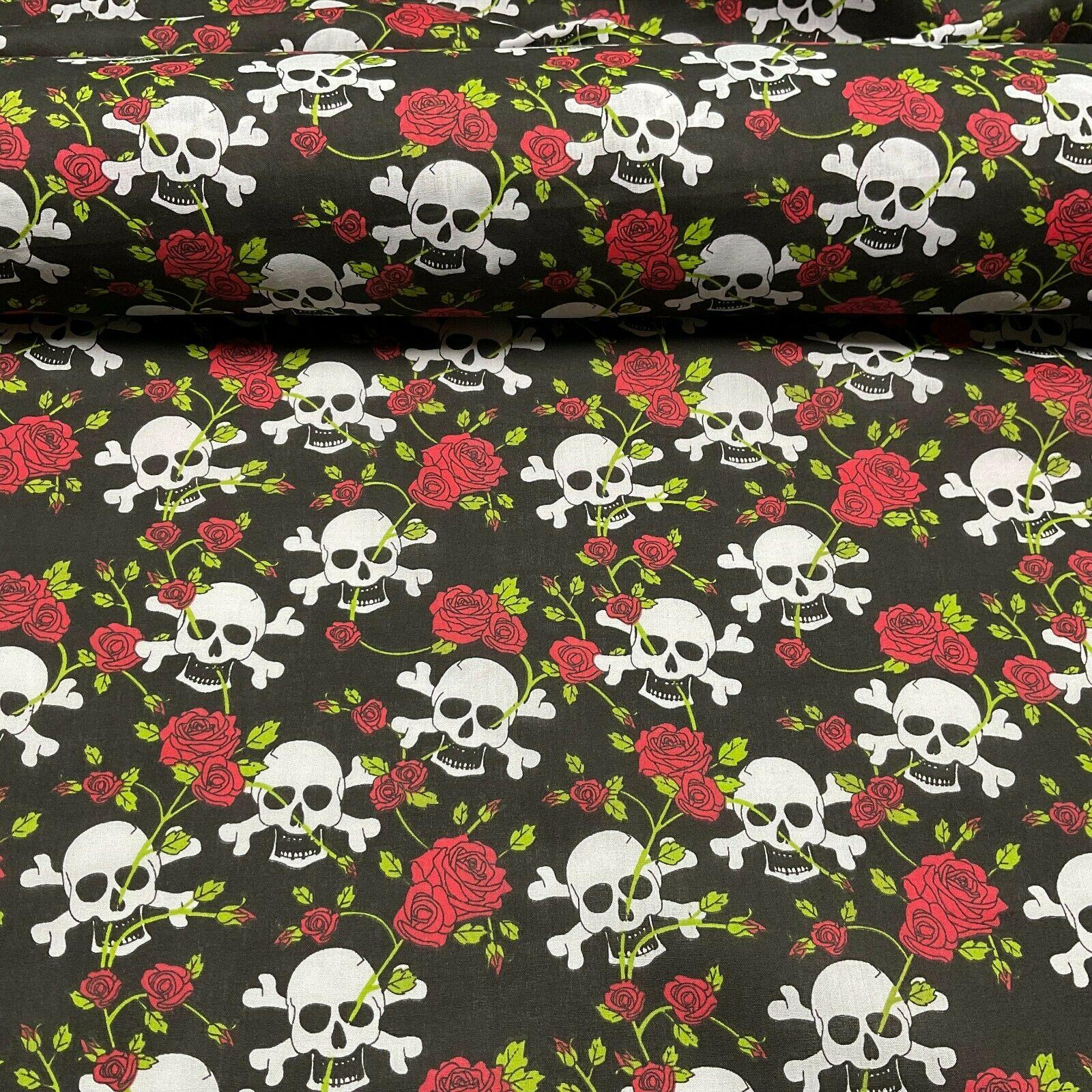 Halloween Skulls and bone roses Printed Polycotton fabric 114cm M1554