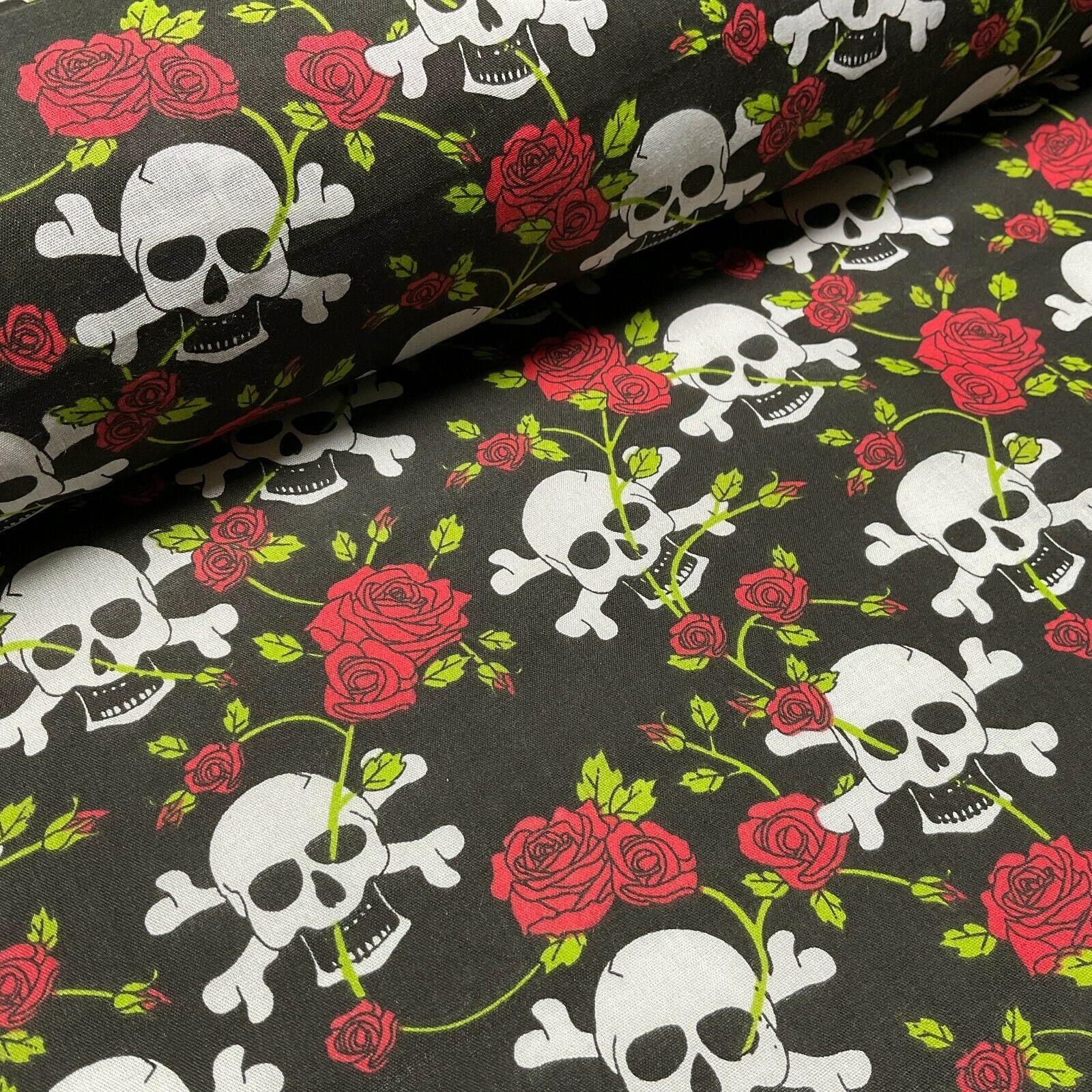 Halloween Skulls and bone roses Printed Polycotton fabric 114cm M1554