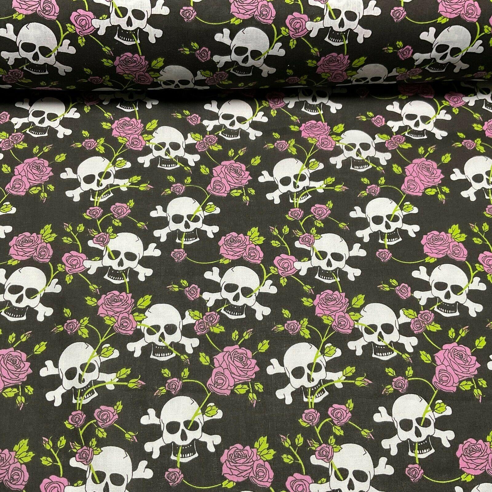 Halloween Skulls and bone roses Printed Polycotton fabric 114cm M1554
