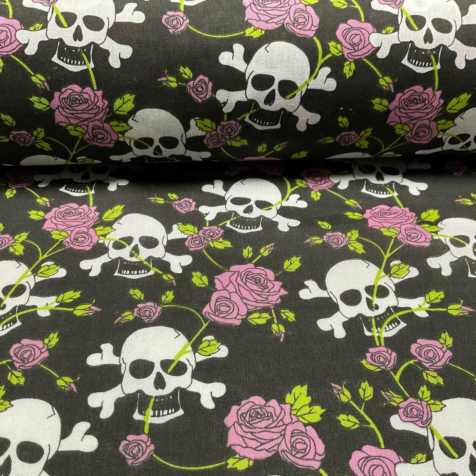 Halloween Skulls and bone roses Printed Polycotton fabric 114cm M1554